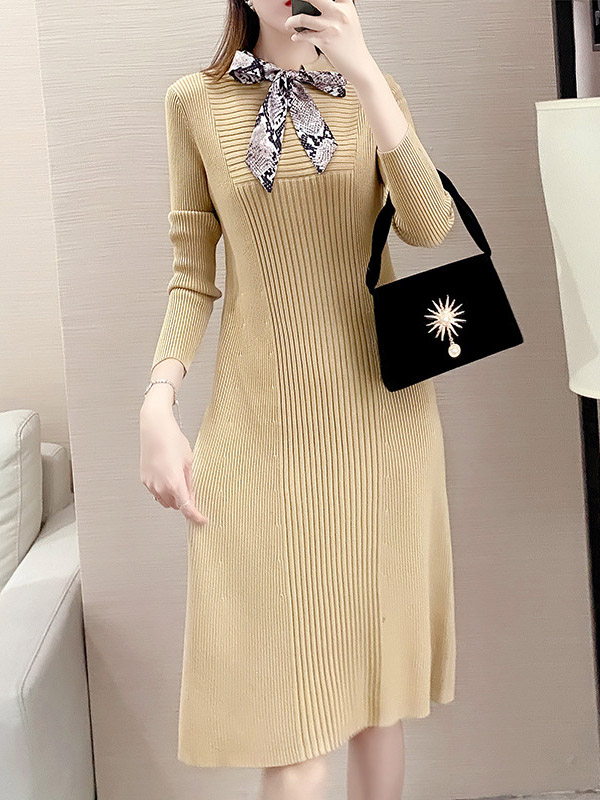 Yellow Ribbed Knitted Dress with Scarf Decoration