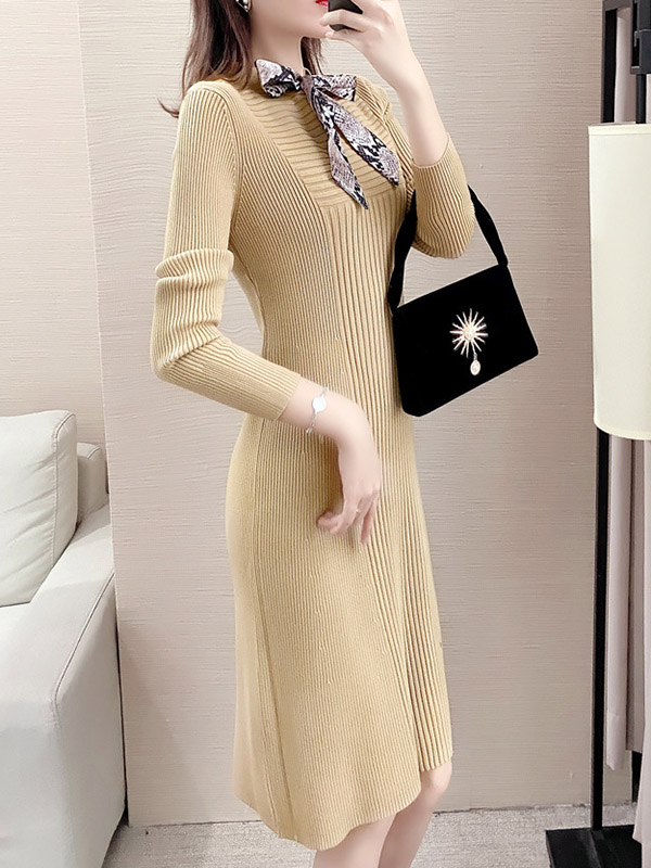 Yellow Ribbed Knitted Dress with Scarf Decoration