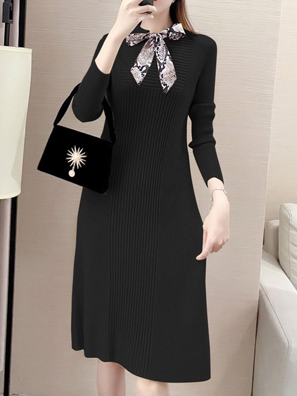 Black Ribbed Knitted Dress with Scarf Decoration