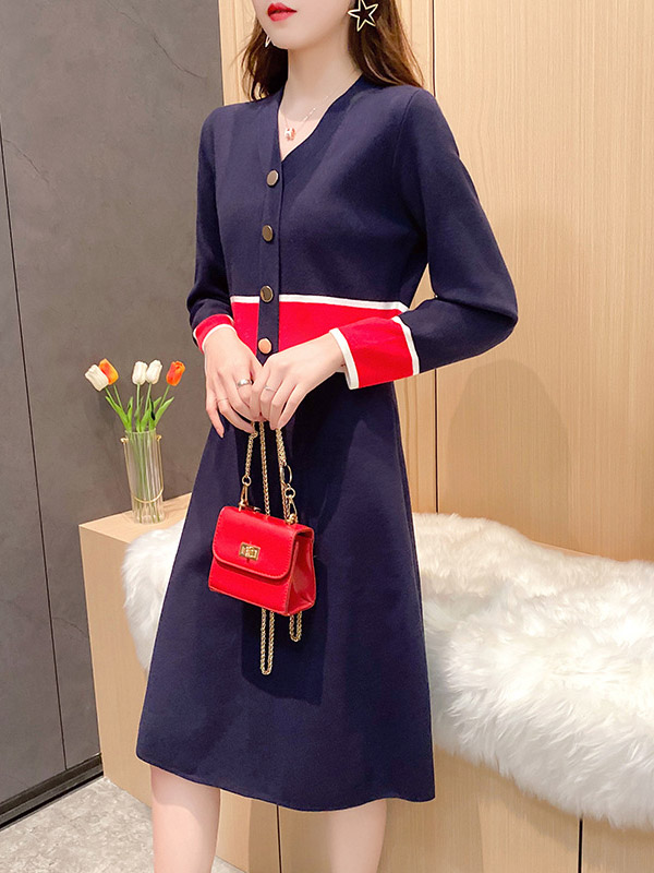 Navy Blue Color Block V-neck Knitted Dress