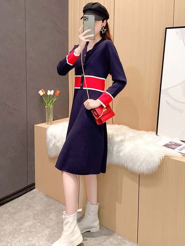 Navy Blue Color Block V-neck Knitted Dress