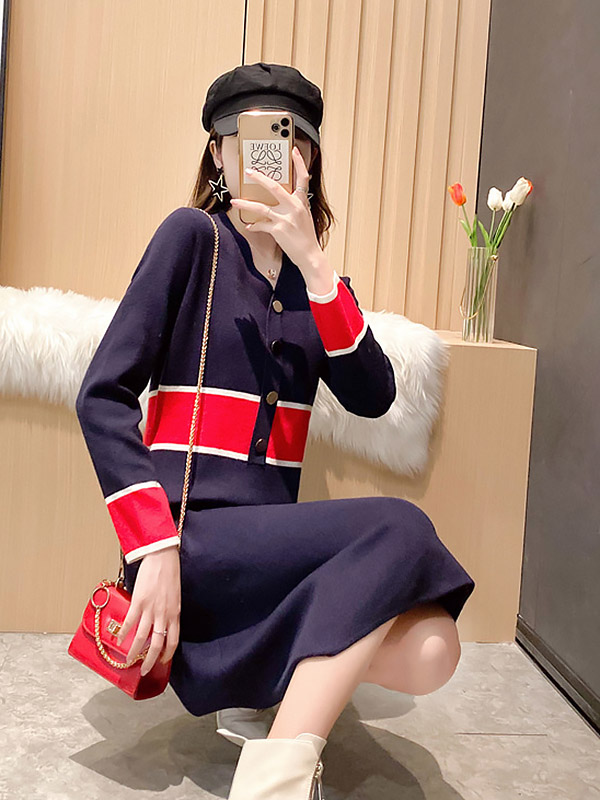 Navy Blue Color Block V-neck Knitted Dress