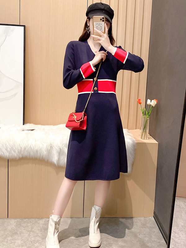 Navy Blue Color Block V-neck Knitted Dress