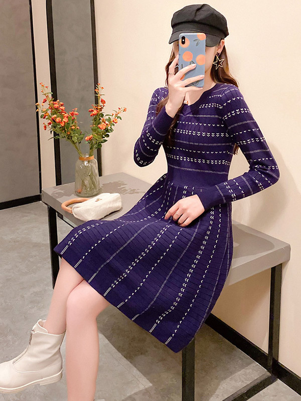 Navy Blue Striped Knitted Dress