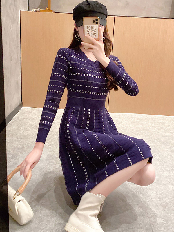 Navy Blue Striped Knitted Dress