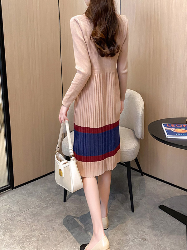 Khaki Striped Knitted Midi Dress