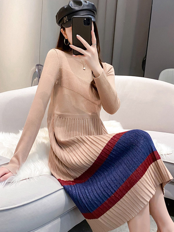 Khaki Striped Knitted Midi Dress