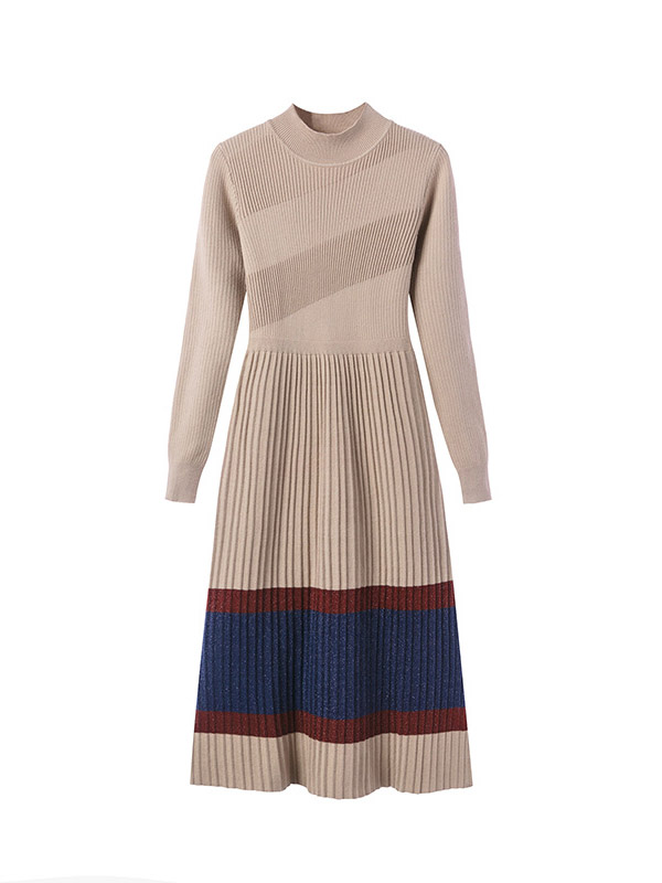 Khaki Striped Knitted Midi Dress