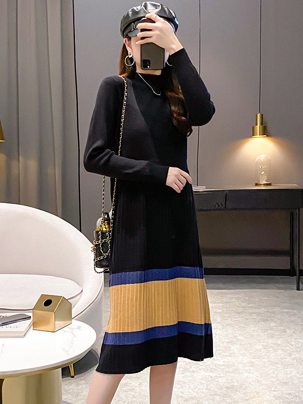 Black Striped Knitted Midi Dress