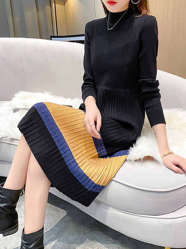 Black Striped Knitted Midi Dress