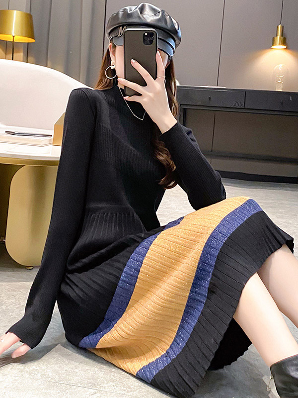 Black Striped Knitted Midi Dress