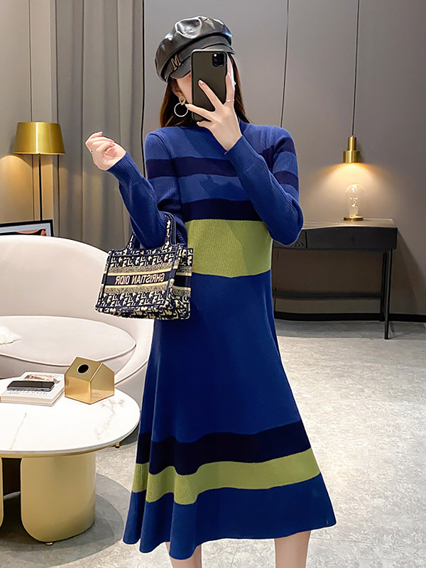 Dark Blue Striped Knitted Midi Dress in Color Block