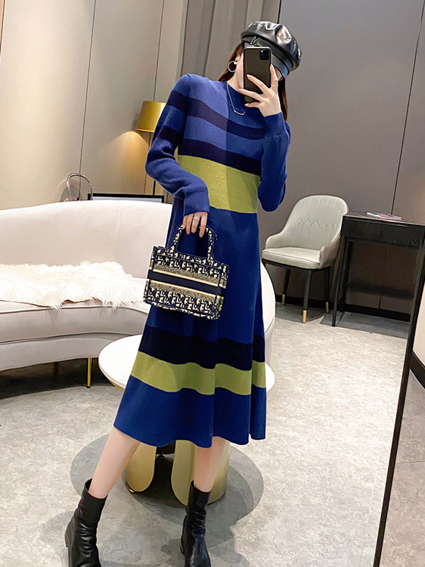 Dark Blue Striped Knitted Midi Dress in Color Block