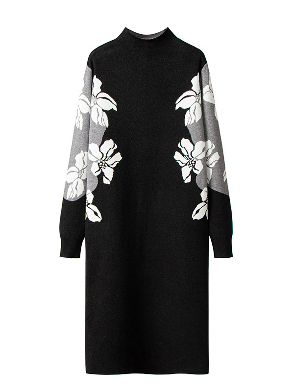 Black Flower Patterned Knitted Midi Dress