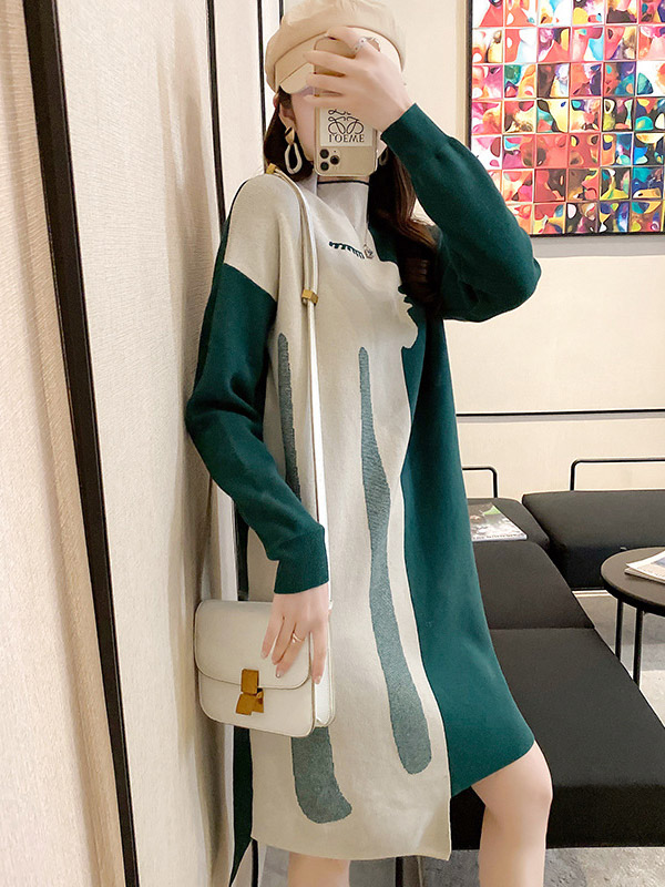 Green Color Block Knitted Midi Dress