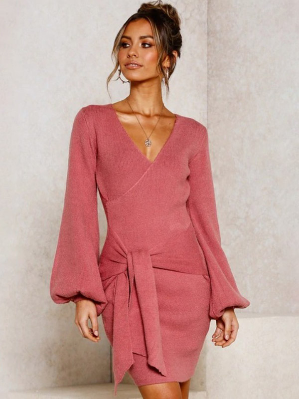 Pink Lattern Sleeve Wrap Mini Dress