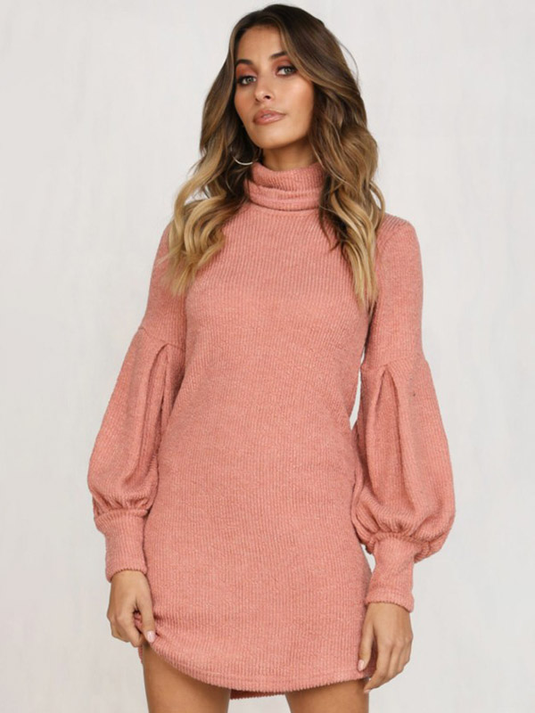 Pink Roll Neck Lattern Sleeve Mini Dress