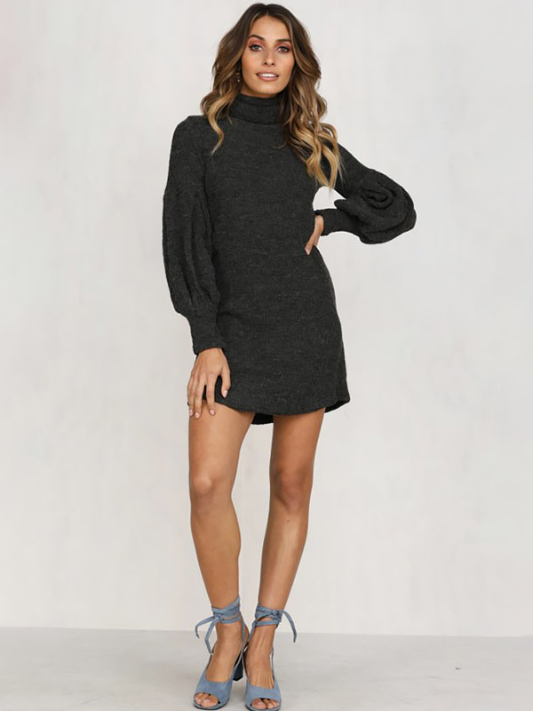 Black Roll Neck Lattern Sleeve Mini Dress