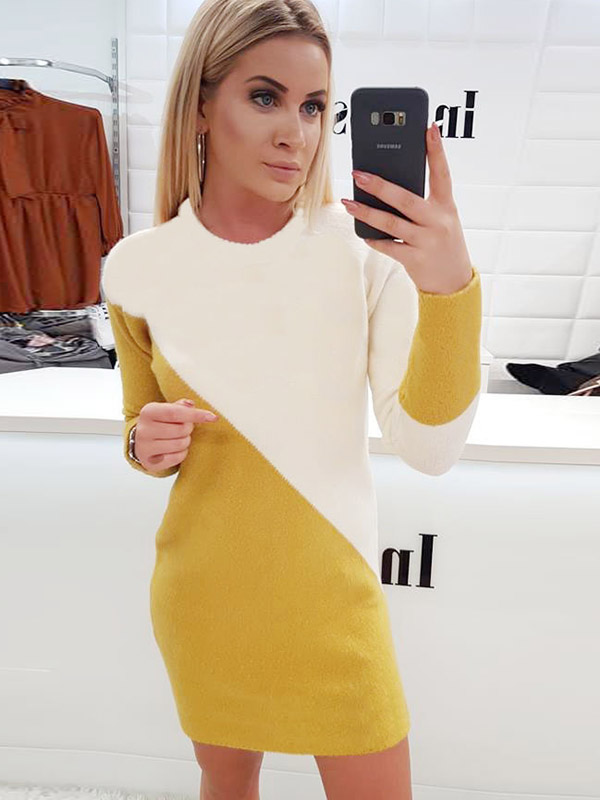 White & Yellow Color Block Knitted Mini Dress