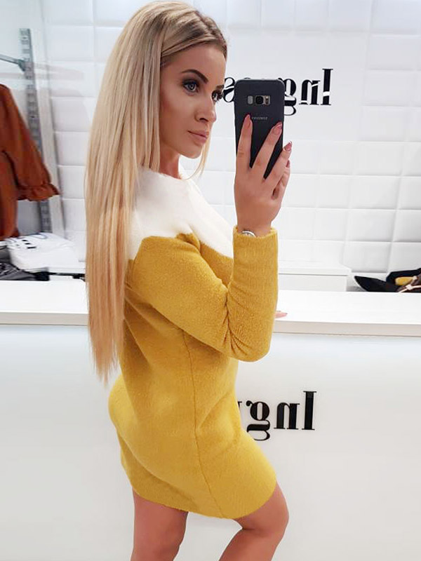 White & Yellow Color Block Knitted Mini Dress