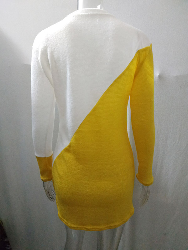 White & Yellow Color Block Knitted Mini Dress