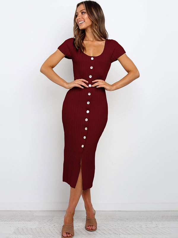 Burgundy Cap Sleeve Knitted Midi Dress