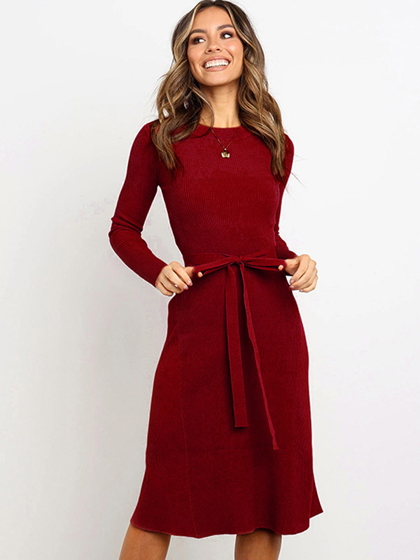 Burgundy Round Neck Tie Waist Knitted Dress