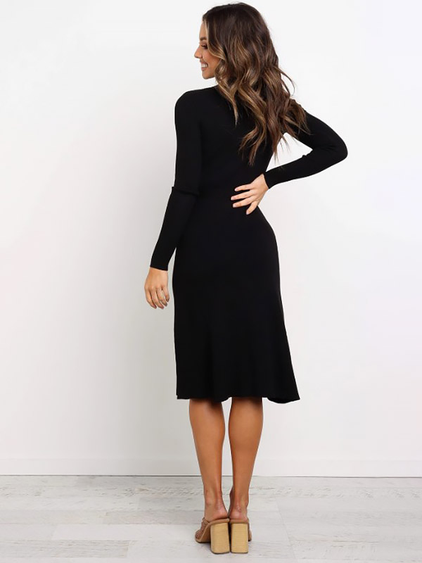 Black Round Neck Tie Waist Knitted Dress