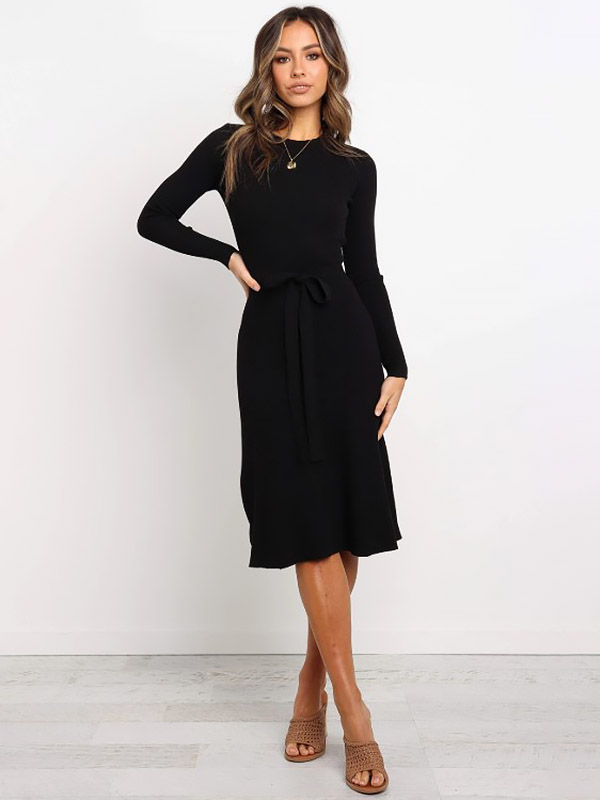 Black Round Neck Tie Waist Knitted Dress