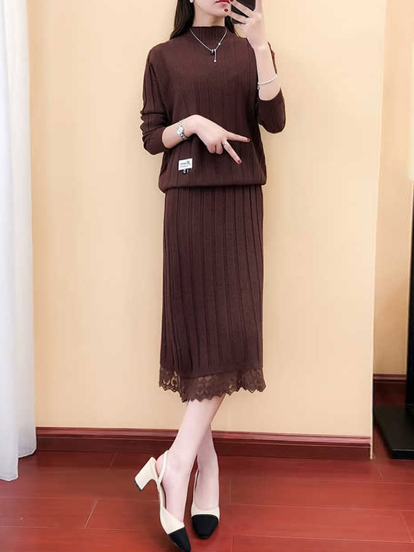 Dark Brown Stand Collar Knitted Top and Skirt in Lace Trim