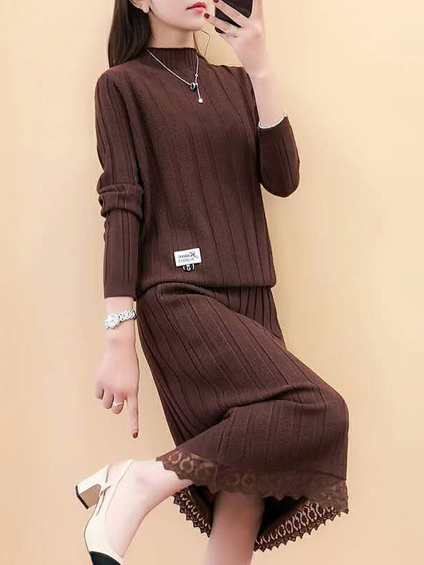 Dark Brown Stand Collar Knitted Top and Skirt in Lace Trim