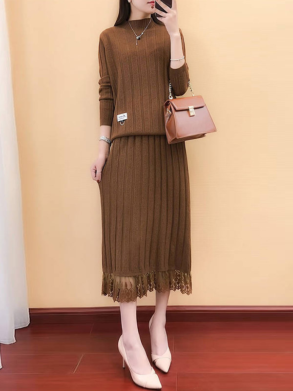 Brown Stand Collar Knitted Top and Skirt in Lace Trim