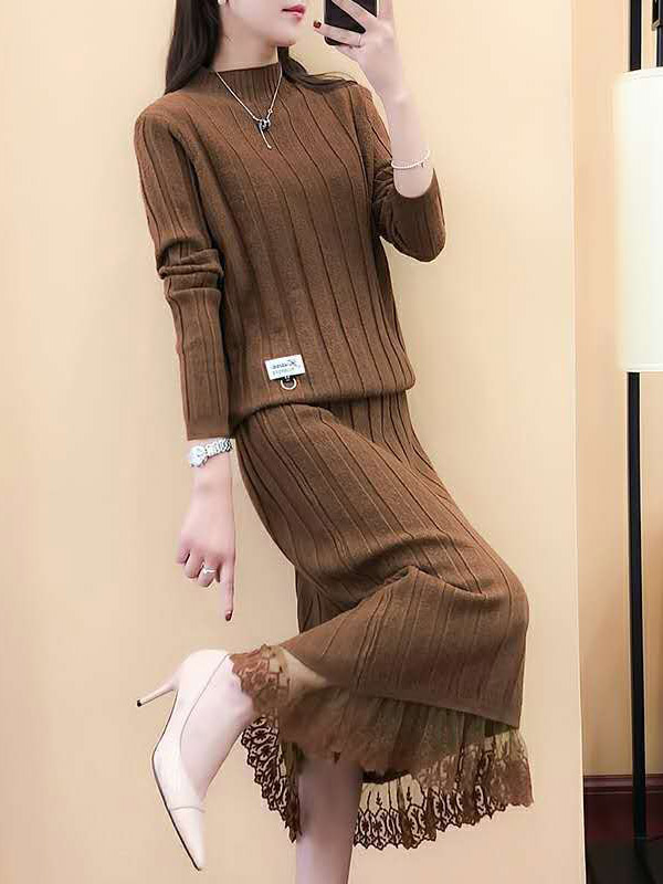 Brown Stand Collar Knitted Top and Skirt in Lace Trim