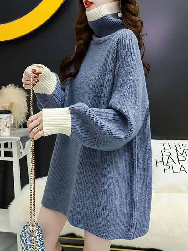 Blue Color Block Loose Sweater