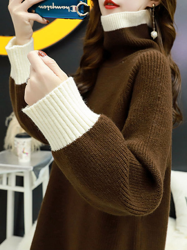 Brown Color Block Loose Sweater