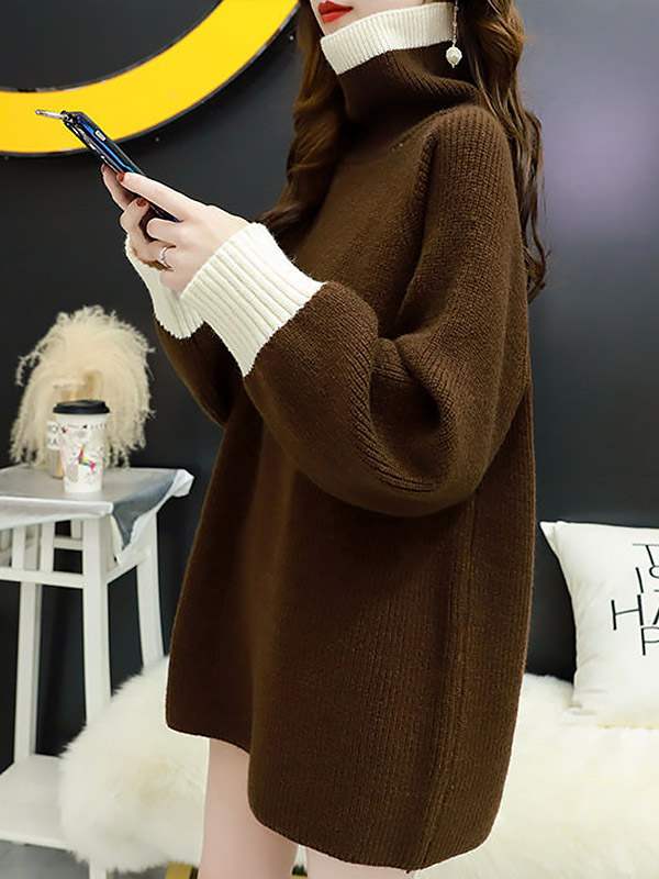 Brown Color Block Loose Sweater