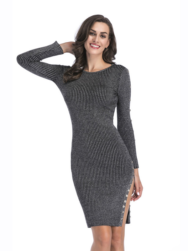 Black Ribbed Style Split Knitted Dress