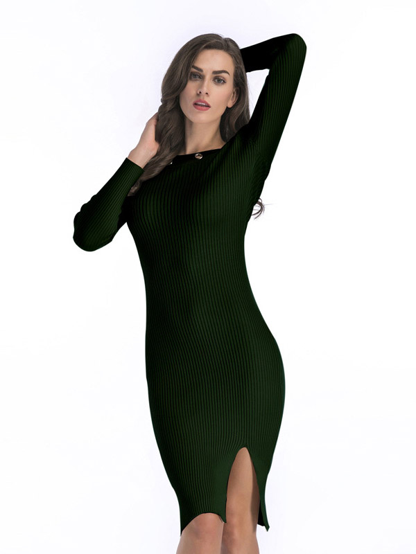 Green Boat Neck Ribbed Style Split Dress