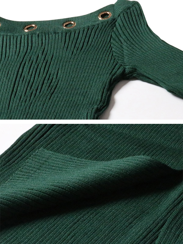 Green Boat Neck Ribbed Style Split Dress