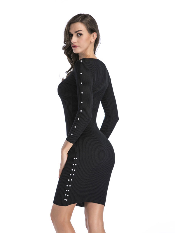 Black Boat Neck Ribbed Style Bodycon Dress