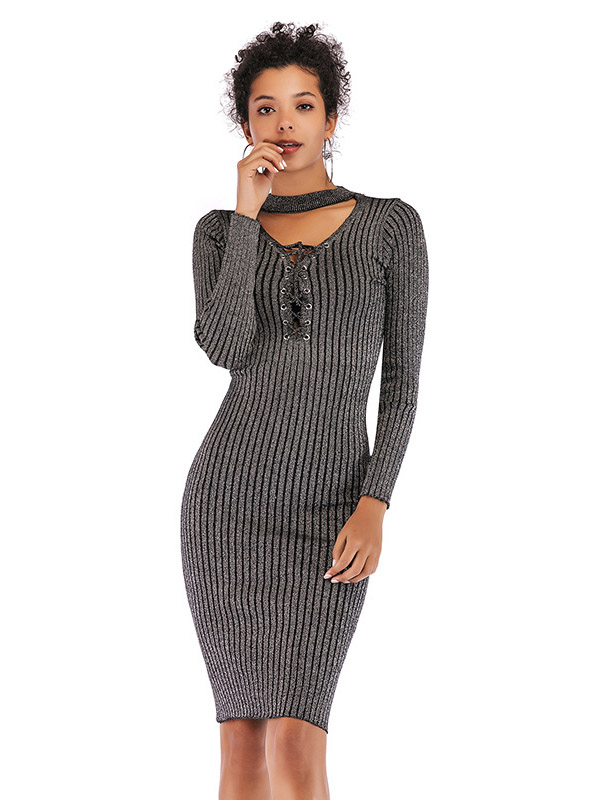 Grey Cutout Neck Ribbed Style Bodycon Dress