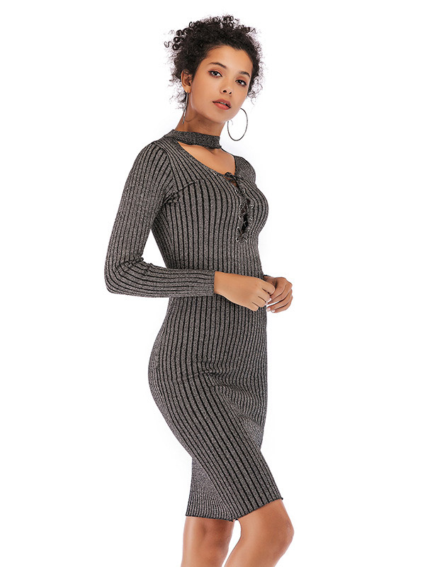 Grey Cutout Neck Ribbed Style Bodycon Dress