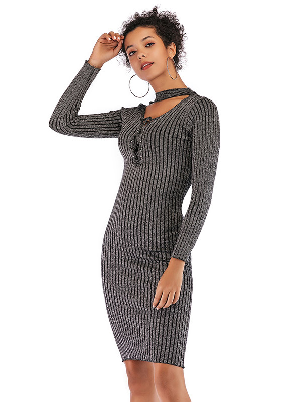 Grey Cutout Neck Ribbed Style Bodycon Dress