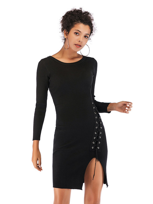 Black Ribbed Style Bodycon Split Dress