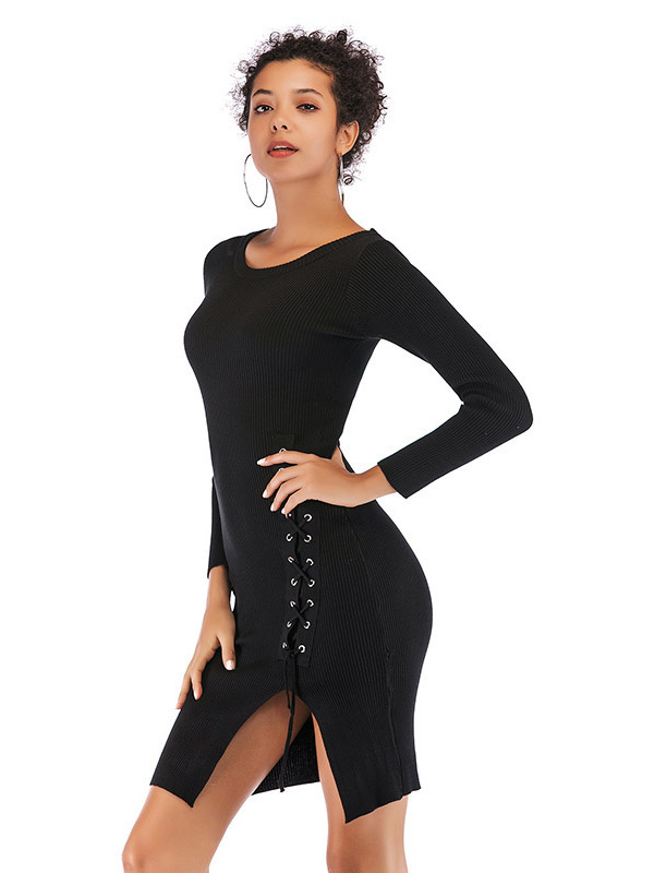 Black Ribbed Style Bodycon Split Dress