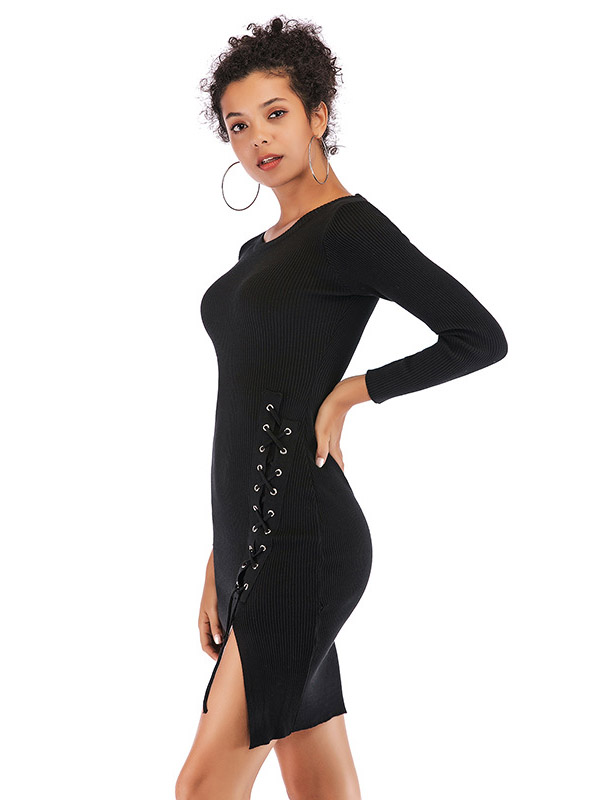 Black Ribbed Style Bodycon Split Dress