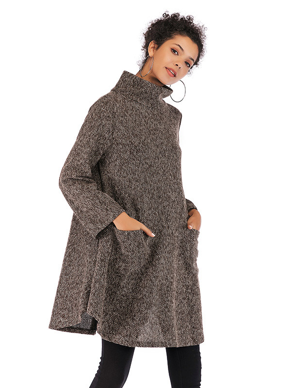 Brown High Neck Cape Style Knitted Dress