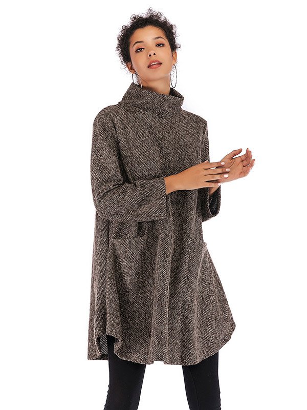 Brown High Neck Cape Style Knitted Dress