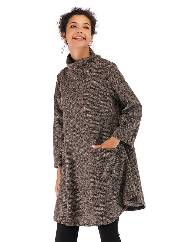 Brown High Neck Cape Style Knitted Dress