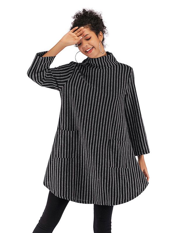 Black Striped High Neck Cape Style Knitted Dress